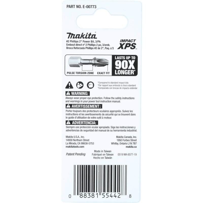 Makita E-00773 Impact XPS #2 Phillips 2" Power Bit, 3/pk