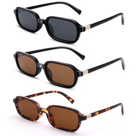 Pro Acme Small Rectangle Sunglasses for Women Men Trendy Rectangular Vintage Sun Glasses (Black/Grey Lens+Black/Tea Lens+Leopard/Tea Lens)