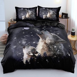 Luowei 3D Bed Linen 135 x 200 cm Bed Linen Set 3D Wolf Pattern Soft Black Microfibre Duvet Cover with Zip and Pillowcase 80 x 80 cm