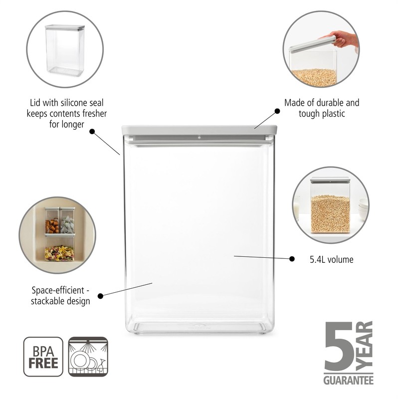Brabantia Stackable Canister, 5.4 Litre, Tasty+, Light Grey