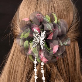 Yheahin Vintage Women Butterfly Flower Hair Clip Barrettes with Crystal Tassel Victoria Elegant 1920s Large Floral Headpiece with Butterfly for Bridal Wedding Dance Tea Party (Black, one size)