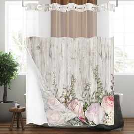 Tititex No Hooks Snap in Liner Pink Roses with Rustic Wood Shower Curtain Sets, Hotel Luxury Double Layers Waterproof Fabric & See-Through Top Window Bathroom Decorative 72x72 Inch