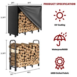 DNKMOR 4FT Firewood Rack with Waterproof Cover,Heavy Duty Firewood Storage Log Holider for Outdoor&Indoor,Fireplace Wood Rack with 600D Oxford Fabric