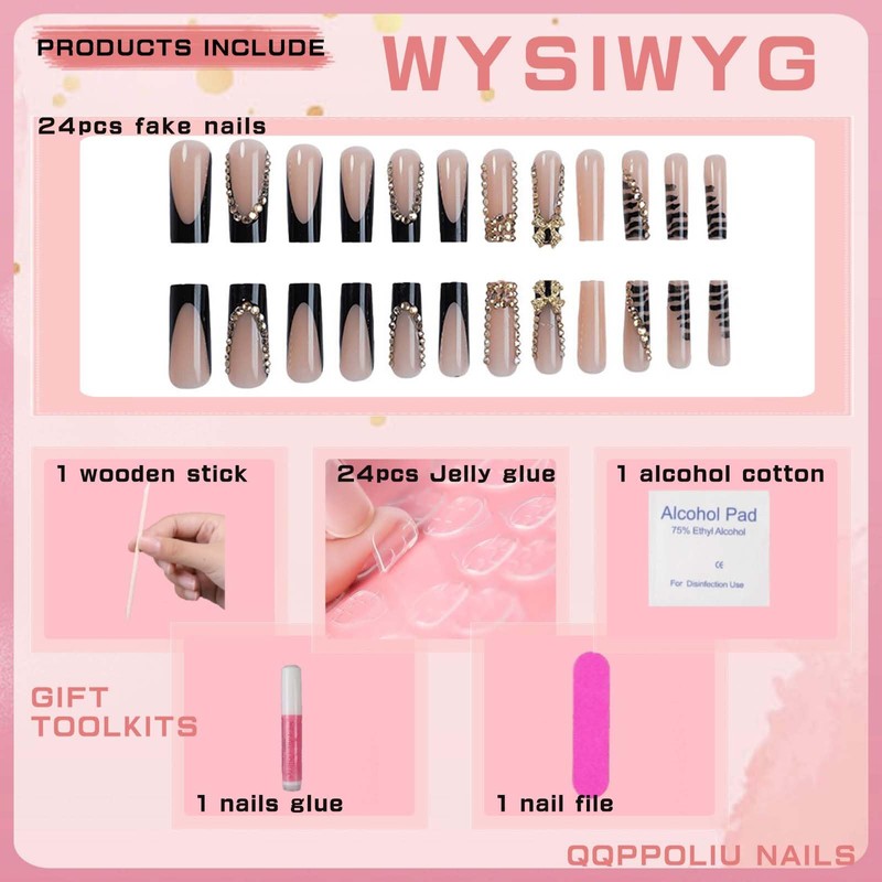 QQPPOLIU Long Square Press On Nails Black French Tip False