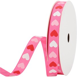 CABODYALS 91.4M 9.5mm Heart Print Ribbon Hot Pink Love Printed Ribbon Polyester Grosgrain Valentine Ribbons Wired Bulk with Spool for Sewing Making Crafts Wedding Bouquet Wreaths Decor Supply