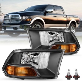 JSBOYAT Fits for 2009-2012 Dodge Ram 1500 2500 3500 Halogen Headlight Assembly OE Replacement Headlamp w/Bulbs Black Housing with Amber Reflector (Only Fit for Dual Beam Model)