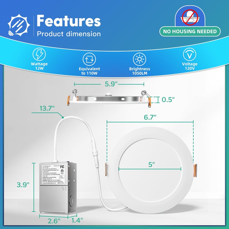 FREELICHT 1 Pack 6 Inch 5CCT Ultra-Thin LED Recessed Ceiling