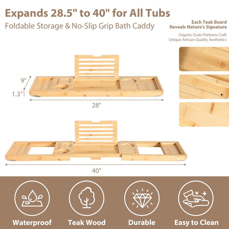 Realgulf Bamboo Bathtub Tray | Splash-Proof Adjustable (28-40 Inch) |