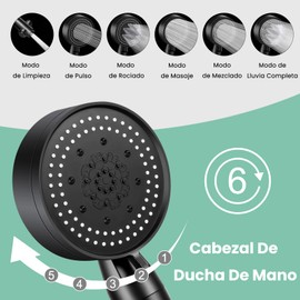 Cabezal de Ducha de Mano, Regadera para Baño Manguera de Ducha de Alta Presión para Baño | Manguera 150cm | Soporte Ajustable | 6 Modos Rociado | Interruptor Pausa, Ducha de Ahorro de Agua Desmontable