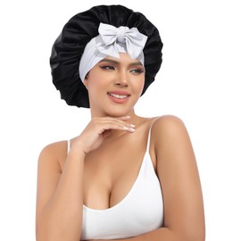 AWAYTR Silk Bonnet for Sleeping Women 100% Mulberry Silk Bonnet with Band 2 Layer Reversible Hair Bonnet Sleeping Hair Wrap (Black/Silver Grey)