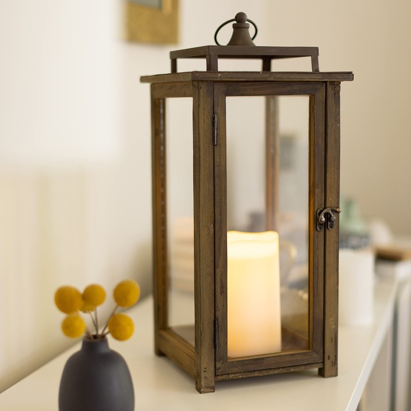 Stonebriar 18 Inch Rustic Wooden Candle Hurricane Lantern, For Table