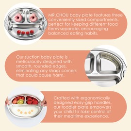 MR. CHOU Stainless Steel Divided Toddler Plate, Suction Baby Plates for Baby & Toddler, Dishwasher Safe, Pink