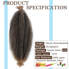 Afro Twist Hair Pre Separated Springy Afro Twist Hair Pre stretched Wrapping Hair for Soft Locs Afro Spring Twist Hair Marley Twist Braiding Hair Extensions (16 Inch (Pack of 3),T27#)