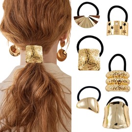 papasgix 6 PCS Metal Hair Tie, Bow Hair Ties, Gold Hair Cuff, Ponytail Hair Cuff, Gold Ponytail Cuff Silver Metal Hair Ties Hair Elastic Hair Ties for Women Gold Hair Accessories (Set 06)