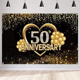 Happy 50th Anniversary Banner Background Decorations, Wedding Anniversary 50th Happy Anniversary Party Poster Accessories Fabric Sign Poster, Black Gold Anniversary Decor, 1.5m