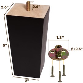 BARIEN (5 Sizes: 3"- 4"- 5"- 6"- 8") Set of 4 Wood Furniture Legs - Square Sofa Legs, Couch Leg - Brown Mid-Century Modern Replacement Legs for Armchair Recliner Coffee Table Dresser (5")