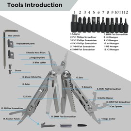 Multitool with Pocket Knife, 25-in-1 Stainless Steel Pliers and Screwdriver, Self-locking Multi-tool EDC Gear with Sheath and Replaceable Cutter Blades, Suitable for Camping and Hiking