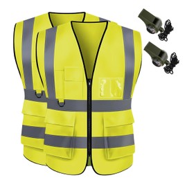 KeepRank 2-Pack Reflective Safety Vest with Pockets, 360° Hi Vis Construction Work Vest with Emergency Whistles for Volunteer, Fluorescent Yellow, One Size