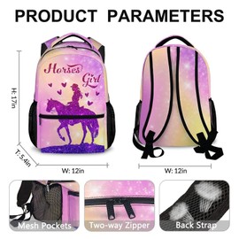 FLEXIMX Girls School Backpacks for Kids, Cute Horse Backpack, 17 Inch Pink Elementary Backpacks, Large Capacity Lightweight Bookbag for Preschool