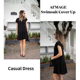 AI'MAGE Womens Swimsuit Coverups Bikini Beach Swimwear Cover Up V Neck Bathing Suit Cover Up Dress A-line Beach Dress Black