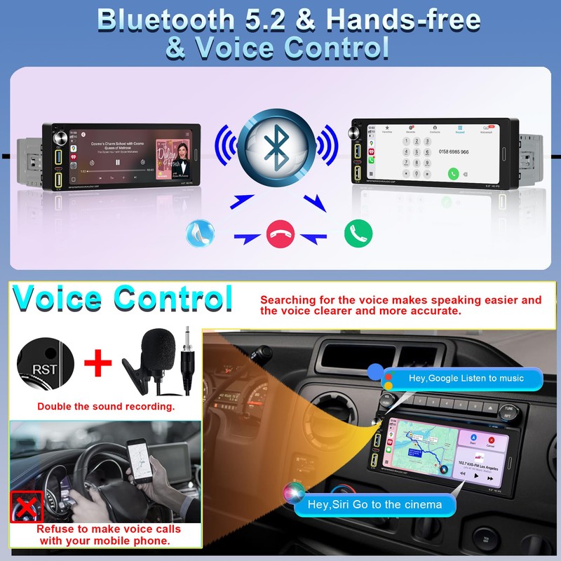 6.9" Single DIN Car Stereo Radio with Wireless Apple CarPlay,