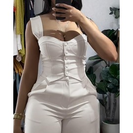 CHICME Women's 2 Piece Outfit Thick Strap Button Front Tank Top with Wide Leg Pants Casual Outfit Sets-Ap-M