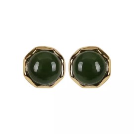 H&F Natural Small Green Jade 7.5mm Stud Earrings 14k Yellow gold-Plate 925 Silver
