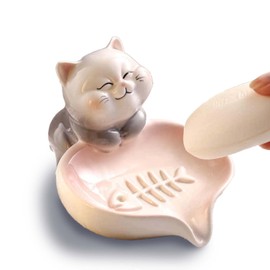 Stylish Cat Design Ceramic Soap Dish - Cute Draining Soap Holder for Bathroom Travel & Home Gift Use (Gray Cat)