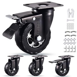 4 Inch Caster Wheels Set of 4 Heavy Duty Natural Elastic Rubber Wheels with Locking 2200Lbs Load Capacity, Silent Swivel 360° Rotation. Ideal for Industrial Carts, Trolleys, Workbenches, and Casters