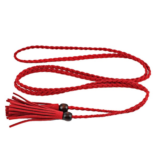 NUREINSS Women Tassel Braided Thin Waist Belt, red