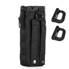 Upgraded Sports Water Bottles Pouch Bag, Tactical Drawstring Molle Water Bottle Holder, Travel Mesh Hydration Carrier With Pouches (Black-1Pack)
