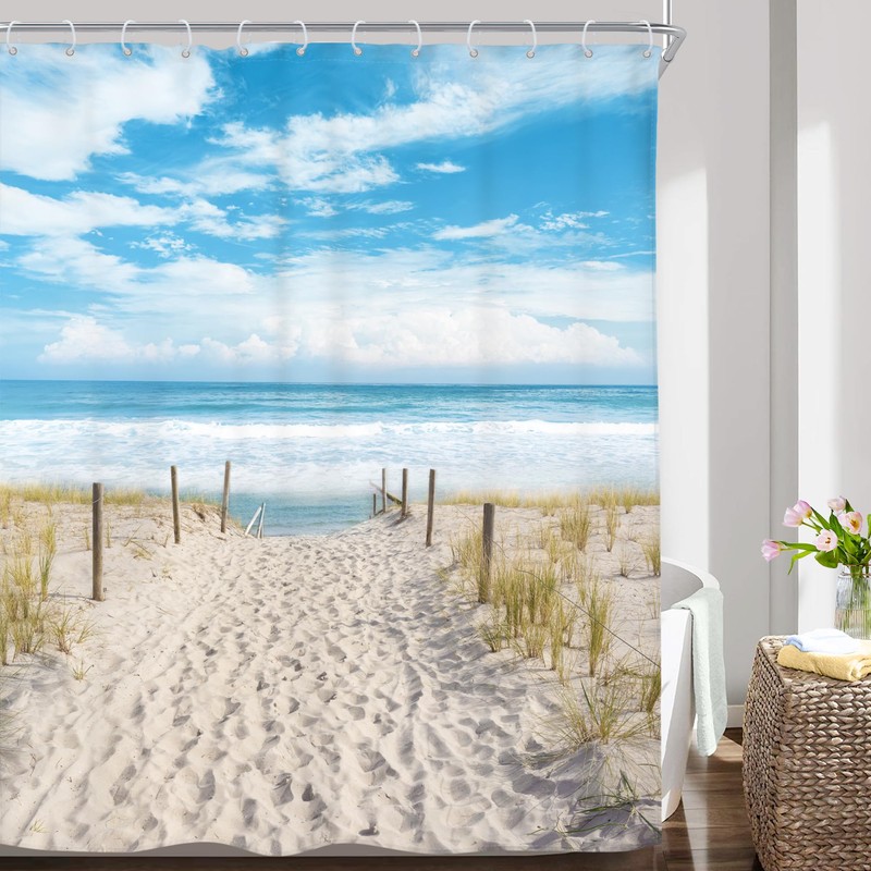 Riyidecor Beach Coastal Ocean Shower Curtain Seaside Seashore Scenery Landscape