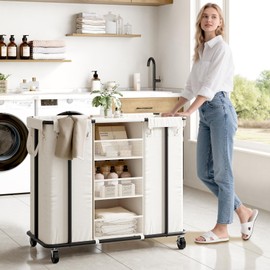 WOWLIVE Laundry Sorter 2 Section 200L Rolling Laundry Hamper with Hanging and Removable Bags Laundry Cart with Steel Frame and Storage Unit Large Basket Organizer for Dorm Room, Bathroom (Beige)