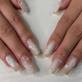 Press on Nails Long Cofin French Fake Nails White Stars and Sun on Full Cover False Nails with Designs White Gradient with Rhinestones Acrylic Nails Artificial Nails for Women Girls