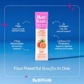 Belli Welli Fiber Supplement, Probiotics Fiber Powder Travel Pack for Women with Collagen & Electrolytes for Daily Gut Health & Debloating, Tropical Breeze, 10 Packets