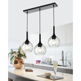 VINLUZ Linear 3-Light Hanging Pendant Kitchen Island Light in Black Finish, Modern Chandelier with Round Ribbed Glass Shades for Dining Room and Hallway