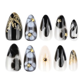 MISUD Almond Press on Nails Medium Fake Nails Glossy Glue on Nails Goth Black Flower Acrylic Nail Supplies Stiletto Artificial Nail Art Gold Chrome Stick on False Nails with Design DIY 24 pcs