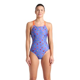 ARENA Women’s Performance Cupcakes Swim Pro Back One Piece Swimsuit Athletic Competitive Swimming Training Chlorine Resistant Swimwear, Black/Bright Coral/Blue Multi, Size 34