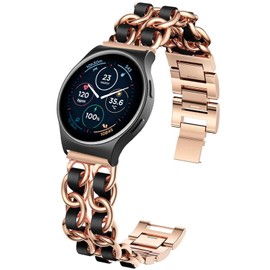 Compatible with Moto Watch 120 bands, 20mm, 22mm Quick Release Jewelry Chain Metal Wristband with Leather Compatible with Moto 120, 70, 100, 360 3rd Gen 2020 Smartwatch (Rose Gold&Black, 20mm size