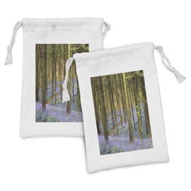 Lunarable Forest Fabric Pouch Set of 2, Curving Path Through Deep Forest with Lavenders Spring Road Scenery, Small Drawstring Bag for Toiletries Masks and Favors, 9" x 6", Green Purple Brown