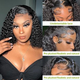 14 INCH Water Wave Lace Front Wigs Human Hair 200% Density Short Curly Bob Wig Human Hair 13x4 Hd Lace Frontal Wigs for Black Women Deep Wave Pre Plucked Glueless Wig Natural Black