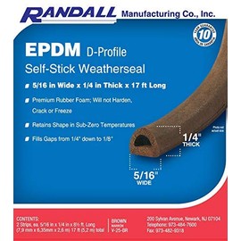 Premium EPDM Rubber Self-Stick Weatherseal Bulb, 5/16" W, 1/4" T, 17 ft L, Brown