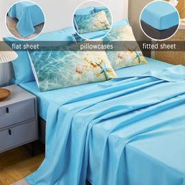 Bedbay Coastal Bedding King Size Beach Comforter Set with Sheet Blue Ocean Beach Themed Bedding Set King Bad in a Bag 8 Pcs Soft Microfiber Ocean Comforter All Season Bed Set (Ocean,King)