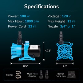 Hexago 1800GPH Submersible Water Pump, 100W Water Pond Pump with Barrier Bag, 33FT Power Cord, 13FT Lift Quiet Water Garden Pumps for Pond, Waterfall, Fountains, Fish Tank and Hydroponic, UL Listed