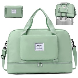 FIORETTO Womens Foldable Weekend Bag Overnight Hospital Bag with Shoes Compartment & Wet Pocket, Water Resistant Gym Bag Duffle Bag Travel Bag Holdall for Women Men Green