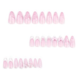 Gifiky 3D False Nails- French Press on Nails Short Almond Nails Tips Pearl Bow Nude Fake Nails for Women and Girls 24Pcs