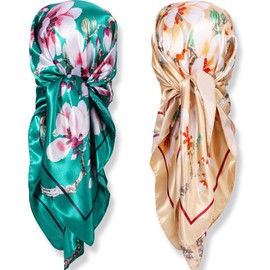 SATINIOR 35 Inch Silky Head Scarf 2 Pcs Large Square Neck Scarf Sleeping Hair Wrapping Satin Scarf for Women(Elegant Color,Graceful Style)