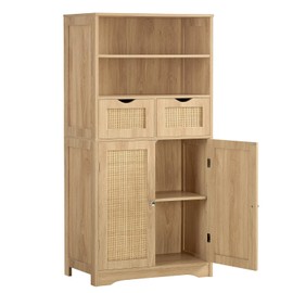 Iwell Tall Storage Cabinet, Rattan Cabinet with 2 Drawers & Adjustable Shelf, Accent Cabinet for Living Room, Dining Room, Home Office, Natural UISNG028NR