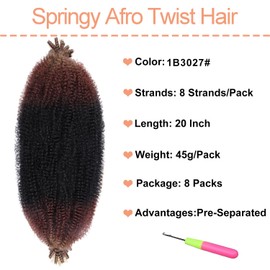 Mscat 50,8 cm vorgetrenntes Springy Afro Twist Hair 8 Packs Marley Twist Häkelzöpfe Synthetic Hair Extensions (8 Strands/Pack,1B3027#)