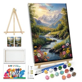 JOOZ Mountain Paint by Numbers for Adults with Easel Landscape Sunsets Paint by Numbers for Adults Beginners with Frame on Canvas，DIY Oil Painting on Acrylic for Home Wall Art Decor 7.87x11.81 Inch